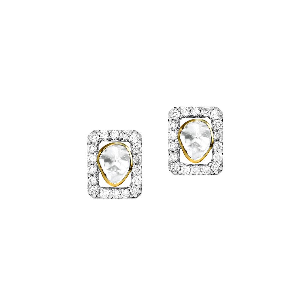 Rectangular Polki Studs with Diamond Halo